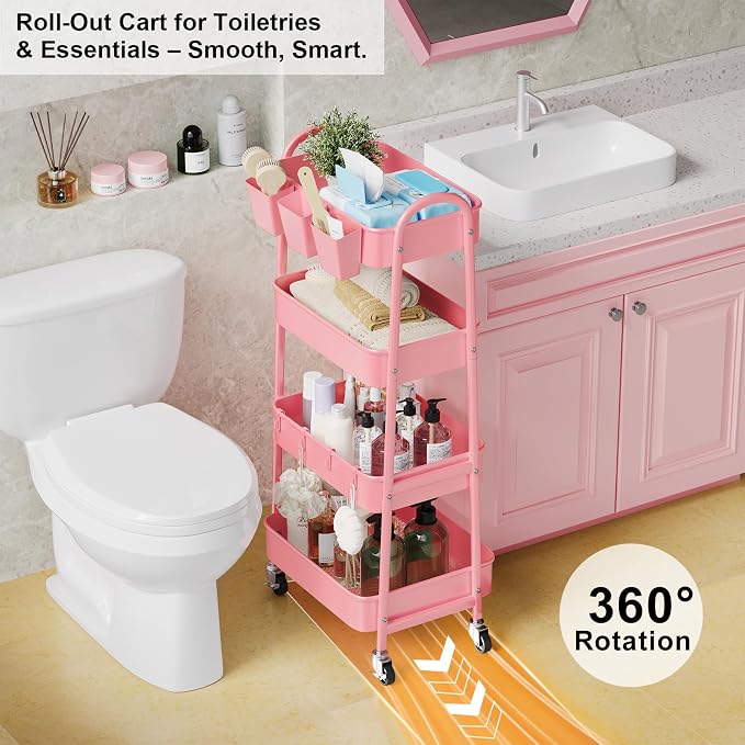4 Tier Rolling Cart Metal with Lockable Wheels, Four Tiered Pink Trolley Cart - Image 6