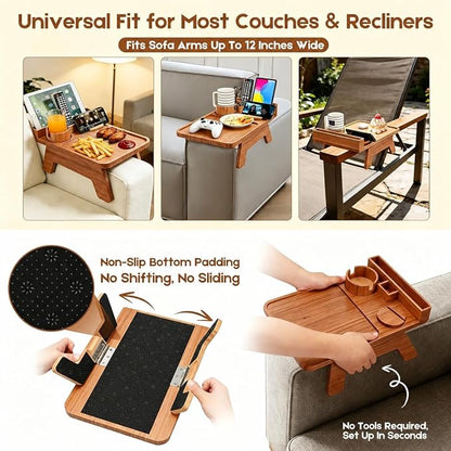 Bamboo Couch Arm Tray, with Cup Holder Phone Stand&Non-Slip | 100% side-pressed - Image 6