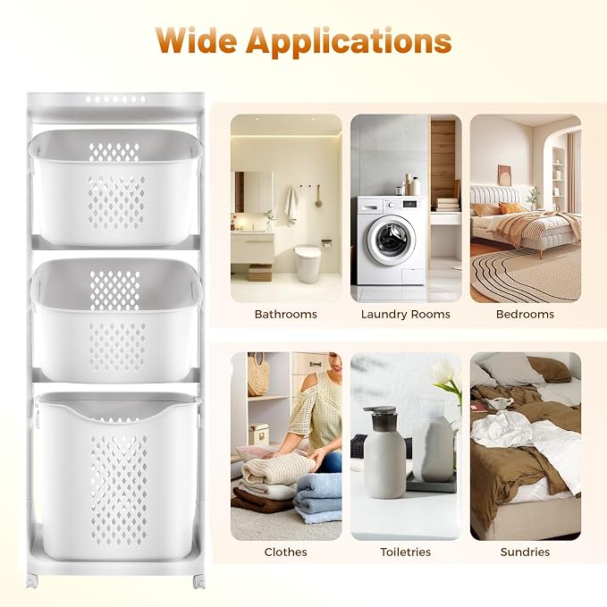 3 Tier Rolling Laundry Basket Vertical laundry hamper Sorter Cart - Image 7