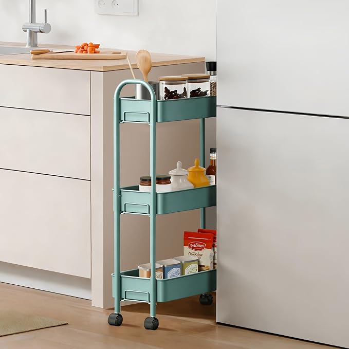 Slim Rolling Cart, Metal Frame Utility Rolling 3-Tier Narrow Storage Cart | - Image 3