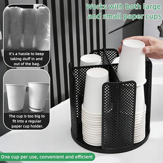 360° Rotating Coffee Cup & Lid Carousel, 8.7" H x 9.3" Dia 4-Compartment Metal - Image 4