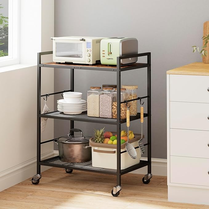 3-Tier Metal Storage Rack with Industrial Wheels, Mesh Shelving Unit with - Image 2
