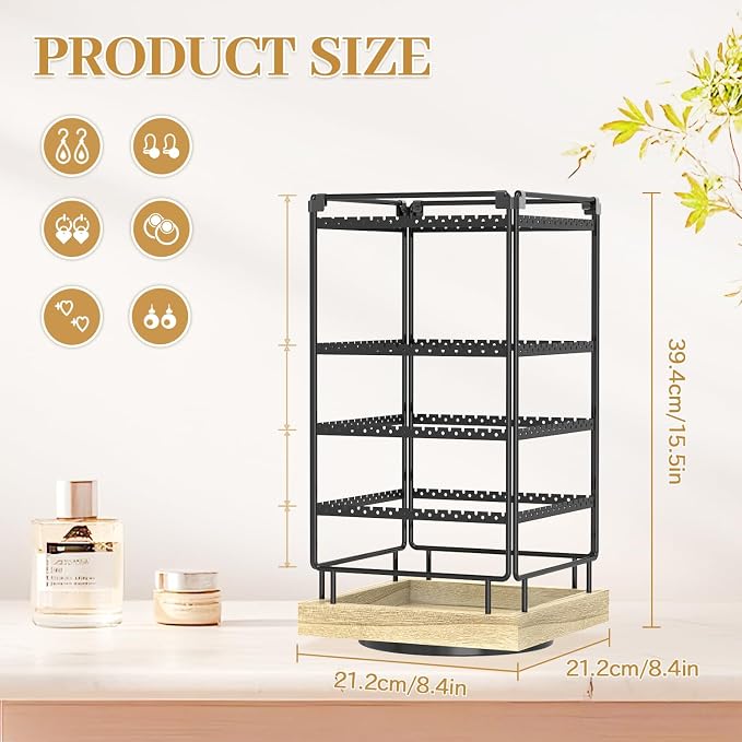 MODOWEY 4 Tier Rotating Earring Holder Organizer Metal Wooden Display Stand | - Image 2
