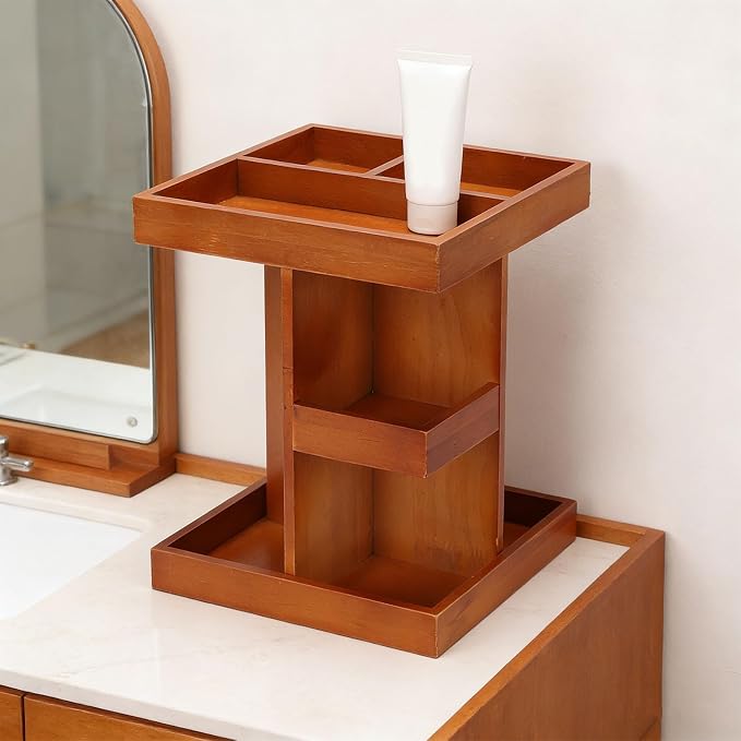 Fockety Wooden Makeup Organizer, 360 Degree Rotating Cosmetic Carousel - Image 2