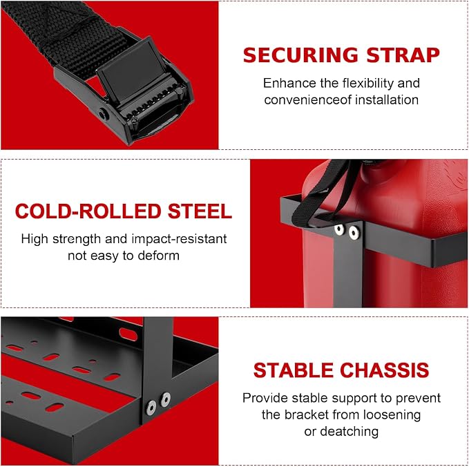 5 Gallon Gas Can Holder with Securing Strap, Cold-forged Steel Fuel Tank - Image 3