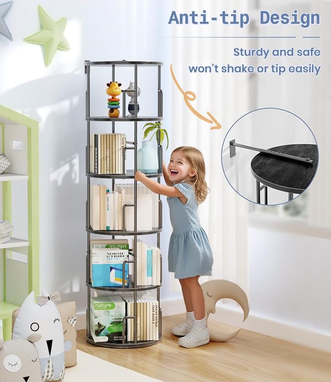 5 Tier Rotating Bookshelf Tower Round Black, 62”Tall Standing Spinning - Image 6