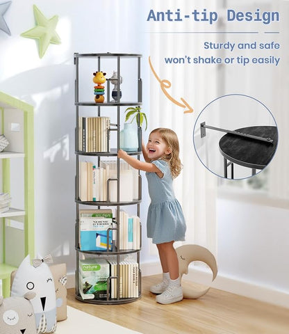 5 Tier Rotating Bookshelf Tower Round Black, 62”Tall Standing Spinning - Image 6