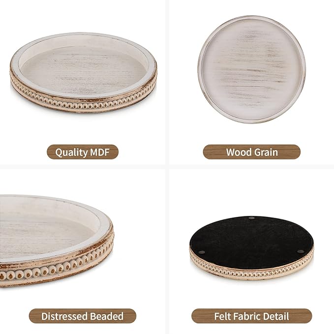 Hanobe Decorative Tray for Coffee Table: 10.5-Inch Round Whitewashed Wood Tray - Image 5