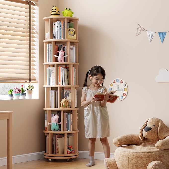Solid Wood Rotating Bookshelf on Wheels, 6 Tier, Round Revolving Bookcase - Image 3