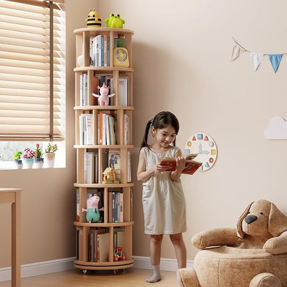 Solid Wood Rotating Bookshelf on Wheels, 6 Tier, Round Revolving Bookcase - Image 3