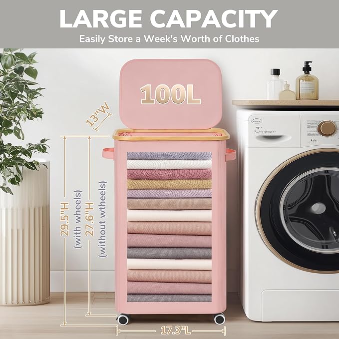 Goodpick Laundry Basket with Wheels, Collapsible Clothes Hampers with Removable - Image 3