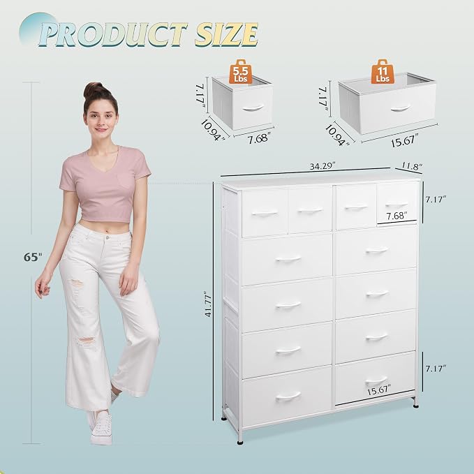 WLIVE 12 Drawer Tall White Fabric Dresser Bedroom Storage Chest | White tall - Image 3