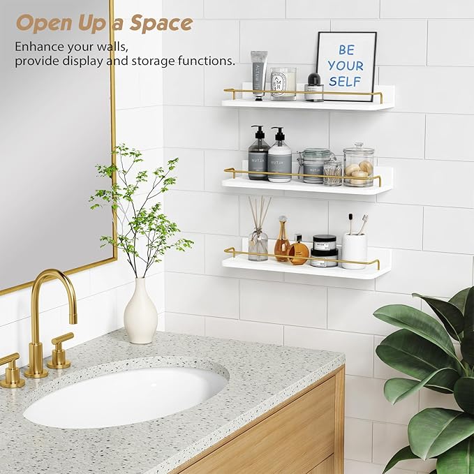 Forbena Gold Floating Shelves for Wall Decor Set of 3, Bathroom Shelves Over - Image 5