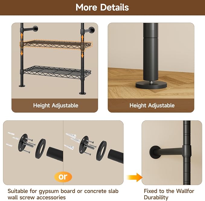 ONBRILL L4 Wall Mounted Industrial Pipe Clothing Rack, Closet Organizer System - Image 8