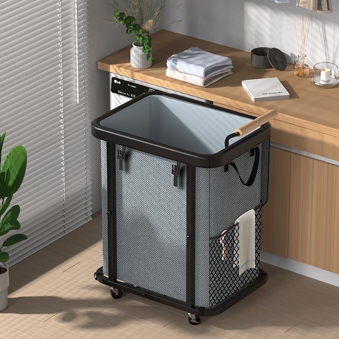 40 Gal Laundry Hamper with Lid, Leather Patchwork Laundry Basket with Rolling by ELOWEN