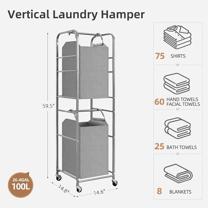 STORAGE MANIAC 2 Tier Vertical Laundry Hamper, 2 Section Laundry Sorter - Image 5