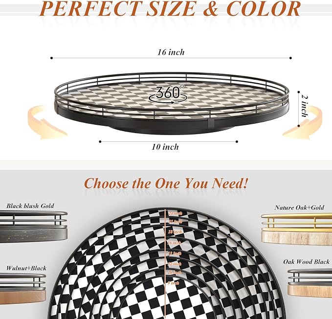 16" Black and White Kitchen Lazy Susan Turntable, Round Checkered Decorative - Image 6