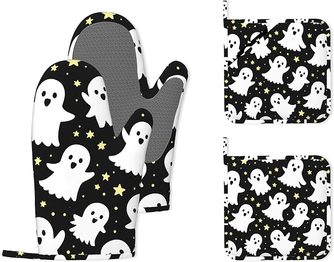 Halloween Ghosts Heat-Resistant Silicone Oven Mitts and Pot Holders, Long Oven by Unknown
