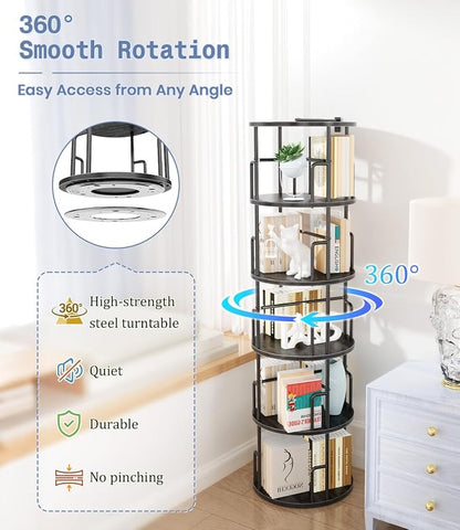 5 Tier Rotating Bookshelf Tower Round Black, 62”Tall Standing Spinning - Image 3