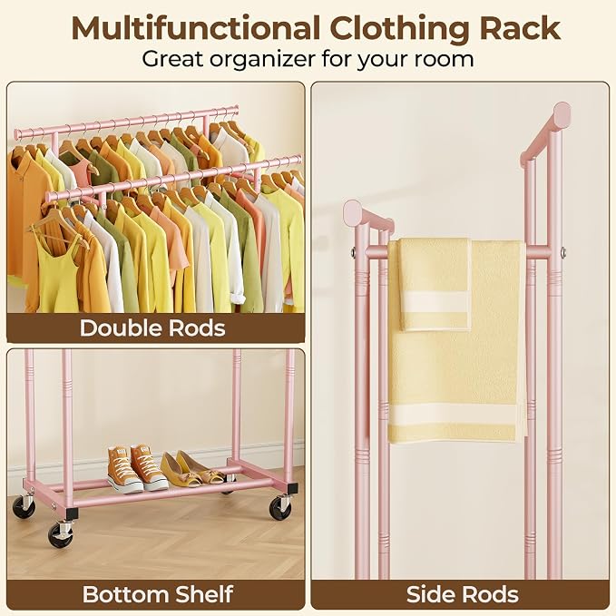 HYSEYY Double Rods Clothes Rack, Sturdy Rolling Clothing Rack, Portable - Image 3