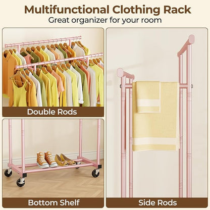 HYSEYY Double Rods Clothes Rack, Sturdy Rolling Clothing Rack, Portable - Image 3