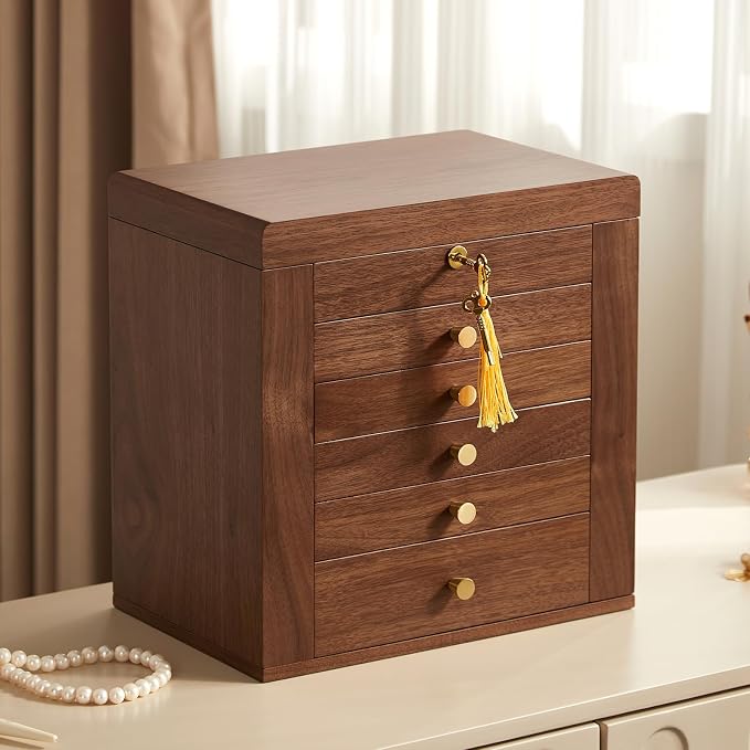CHOSIN Black Walnut Wooden Jewelry Box, 6-Layer Lockable Wood Jewelry Organizer - Image 2
