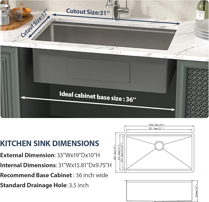 Lordear 33 Undermount Kitchen Sink 33" x 19" Stainless Steel Sinks 16 Gauge - Image 4