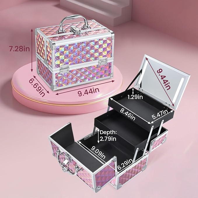 Makeup Case with Lighted Mirror Travel Makeup Organizer Box 2 Trays Lockable - Image 5