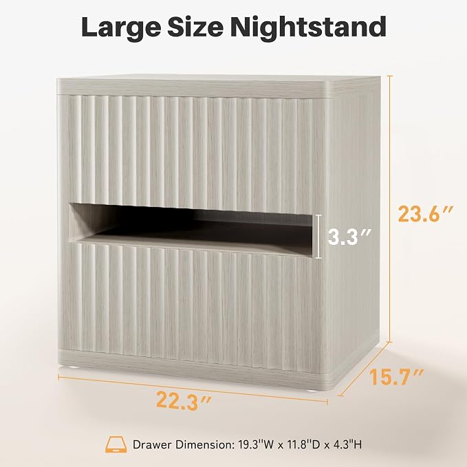 Dripex Fluted Nightstand with 2 Drawers, Large Wide Wood Night Stand Bedside - Image 2