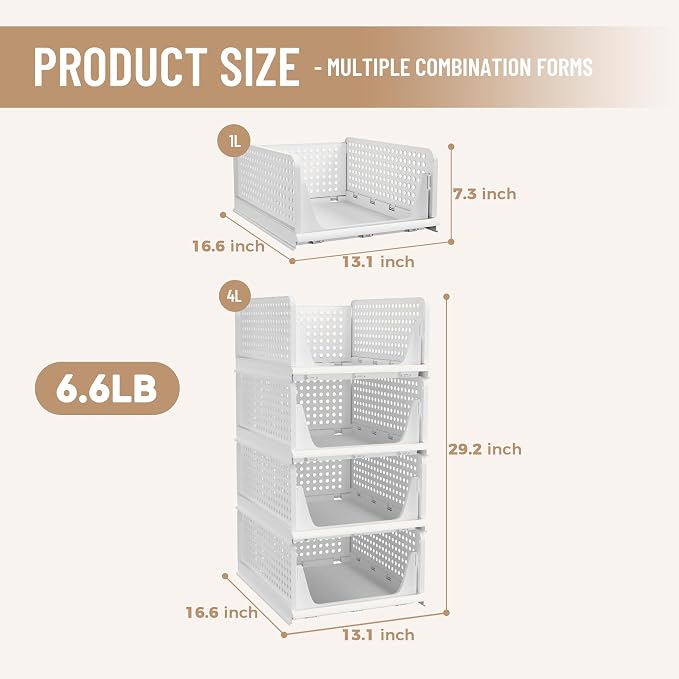Pinkpum Stackable Plastic Storage Basket, Foldable Closet Organizers, Drawer - Image 3