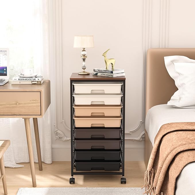 Rolling Carts with Wheels, Utility Cart with 8 Drawers and Wooden Tabletop - Image 8