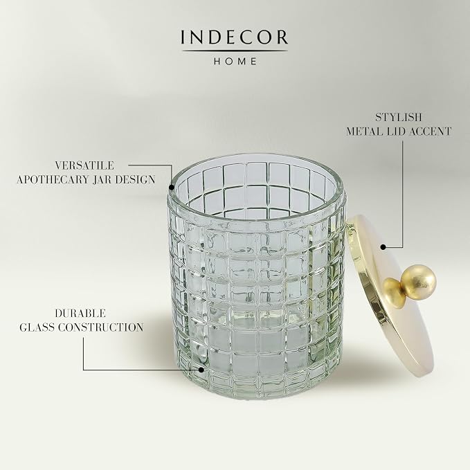 Sage Colored Tranlucent Apothecary Etched Geometric Grid Glass Jar W/Gold Metal - Image 7