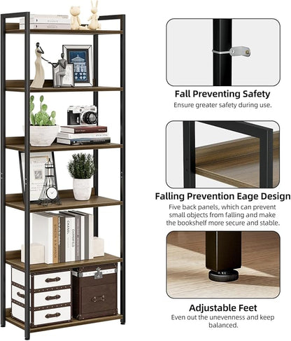NUMENN Bookshelf, 6 Tier Freestanding Shelving Unit, Dark Walnut | Metal Frame - Image 6
