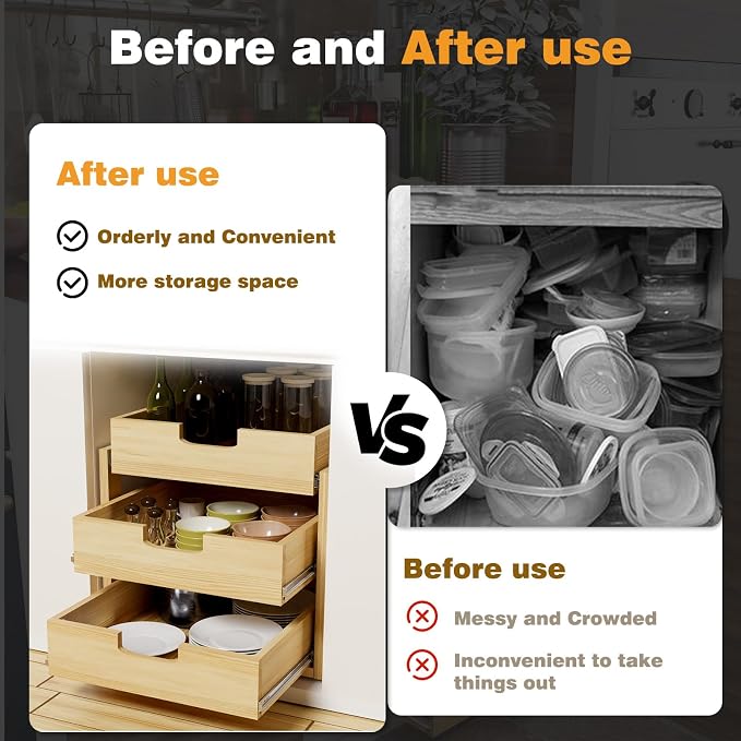 Pull Out Cabinet Organizer, 3 Tier Soft Close Slide Out Wooden Pull out Drawers - Image 6
