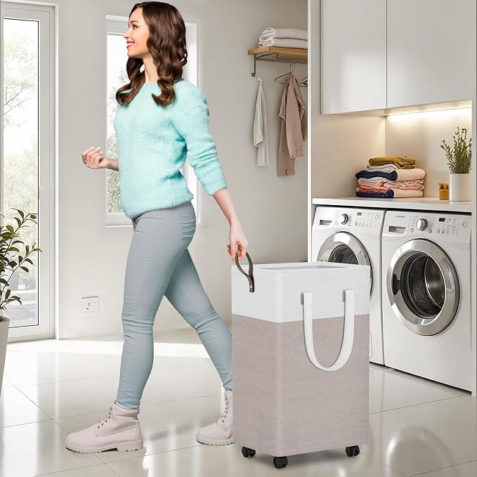 HomeHacks Laundry Basket with Wheels, Rolling Laundry Hamper, Collapsible & - Image 4