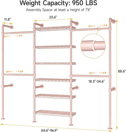ONBRILL H3 Wall Mounted Closet System, Expandable Industrial Pipe Clothes Rack - Image 2
