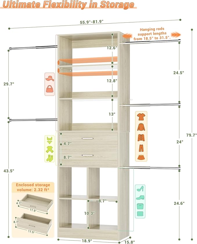 Small Closet System, 3.2-6.8FT Small Closet Organizer - Image 3