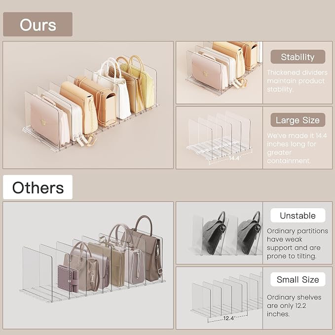 Criusia Adjustable Closet Purse Organizer Rack – 28.8" Extra-Long Shelf Divider - Image 6