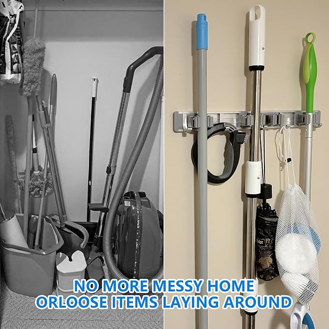 reliahom Broom Holder Wall Mount Mop Hanger Tools organizer 4Racks 5Hooks | - Image 5