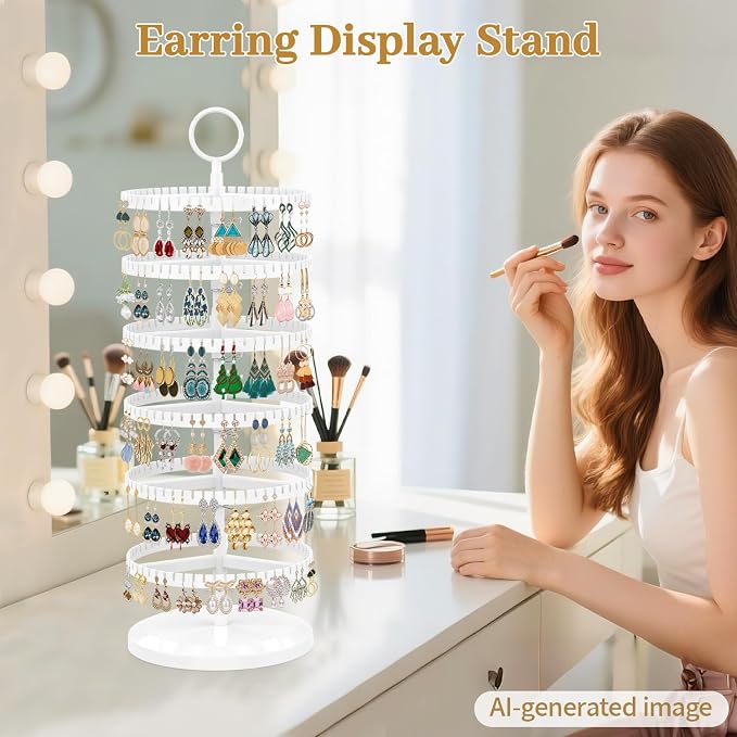 MODOWEY Rotating Earring Holder Organizer Adjustable Display, 6 Tiers White | - Image 2