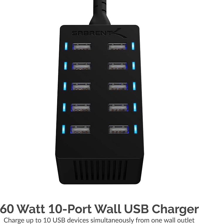 SABRENT 60W 10-Port USB Charging Station, Auto-Detect | 12A family-sized - Image 3