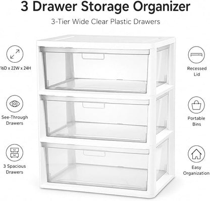 3 Drawer Plastic Storage Tower Wide Organizer - Image 3