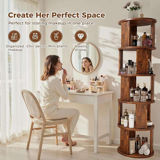 5 Tier Rotating Bookshelf Tower, 360° Display Round Bookcase, Floor Standing - Image 7