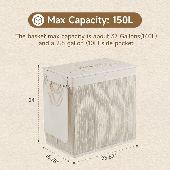 Laundry Hamper with Lid, 39.6 Gallon Large Laundry Basket 2 Removable Liner Bags - Image 4