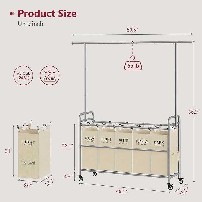 Tajsoon Laundry Sorter with Hanging Bar, 5 Bag Laundry Sorter with Wheels - Image 7