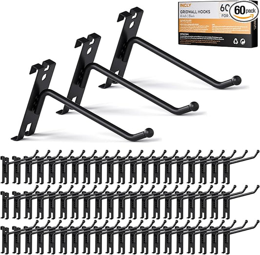 INCLY 4 Inch Gridwall Hooks, 60 Pack Heavy Duty Black Display Hooks by INCLY