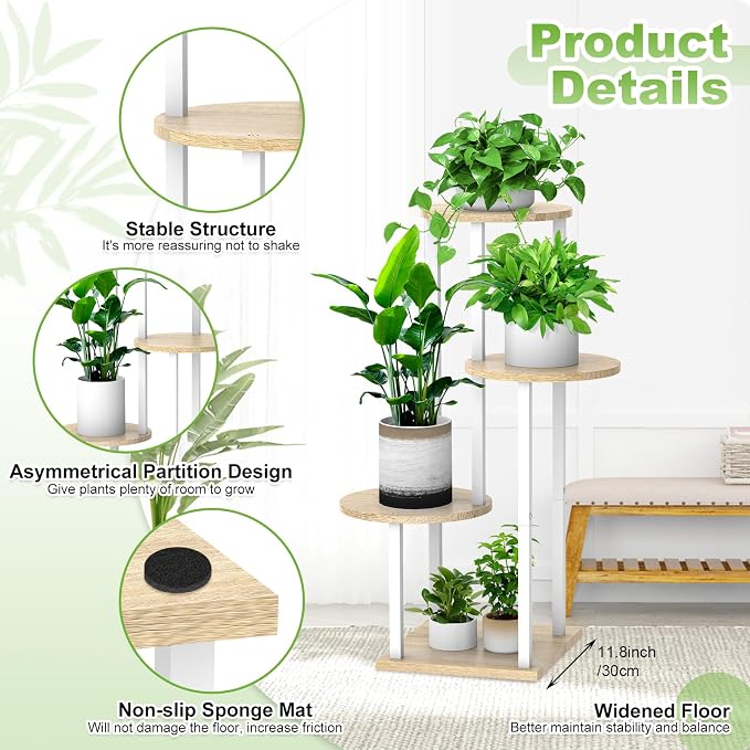4 Tier Wood Tall Plant Stand Metal Rack Indoor, Round Planter Shelf Display - Image 3