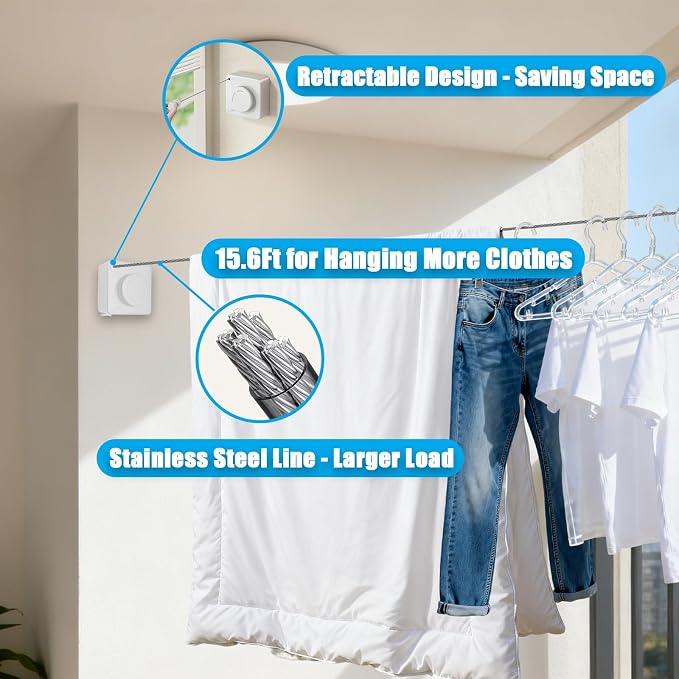 Retractable Clothesline Indoor & Outdoor, 16.2 Feet Stainless Steel Washing Line - Image 3