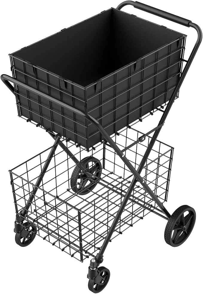  2-Tier Large Collapsible Grocery Cart On Wheels 400lbs Shopping Cart | - Image 8