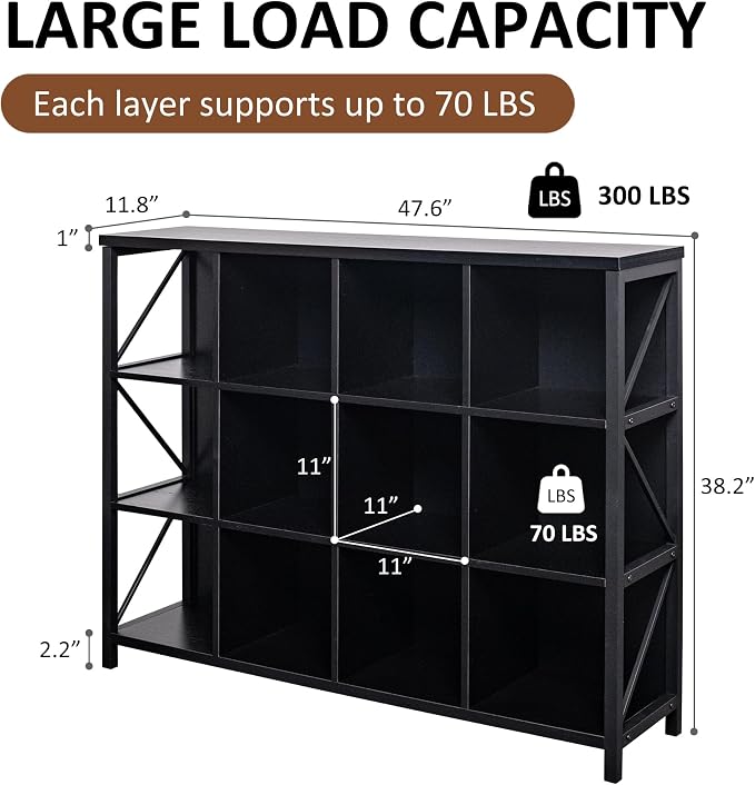 12 Cube Storage Organizer Bookshelf, Industrial Horizontal Bookcase, Accent - Image 2